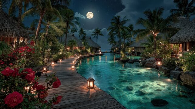 Romantic moonlit resort escape with overwater bungalows and tropical paradise ambiance - Powered by Adobe