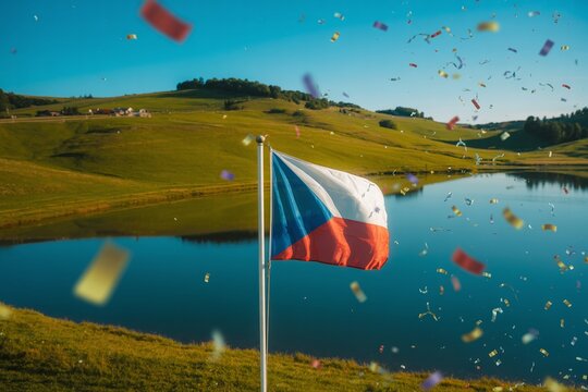 Czech Republic Flag Waving by a Scenic Lake and Green Hills, Celebrating National Holiday or Independence Day with Flying Confetti

