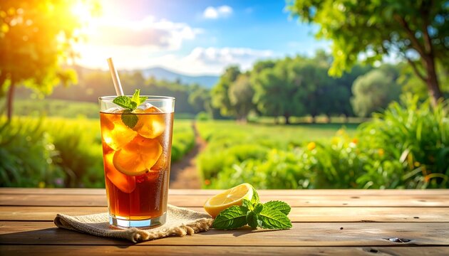 A refreshing iced beverage with citrus slices, mint, and ice on a rustic wooden table against a sunny garden backdrop