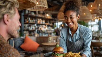 Smiling waitress serving delicious burger and fries to customer in modern restaurant setting