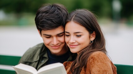 Young Couple Reading Together on Park Bench