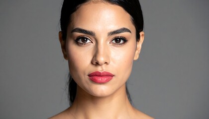 Fototapeta premium A studio headshot of a woman with dark hair pulled back, warm skin, and bright red lipstick. The background is a solid gray