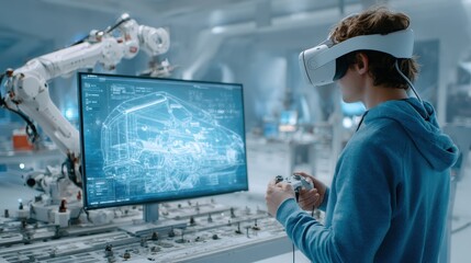 Engineer using VR headset to control robotic arm and vehicle design in a modern lab setting