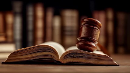 Wooden gavel and open law book on a courtroom desk with legal literature in the background - Powered by Adobe