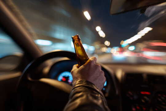 Dangerous driving: drunk behind wheel with blurred vision, bottle in hand on night road.