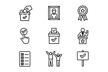Set of 9 black and white line art icons representing voting election and democracy concepts