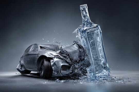 Powerful social advertising against drunk driving, a concept in which a car crashes into a giant bottle of alcohol at high speed, a surrealistic realism, frozen in a frame that symbolizes