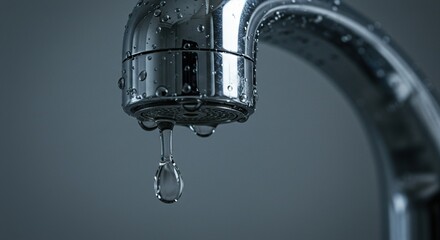 Close up of a chrome faucet with water droplets against a blurred background