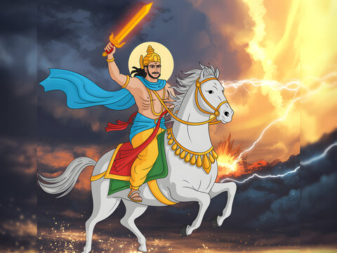 powerful mythological warrior kalki charging with sword in hand
