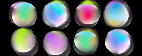 Vector illustration of glowing, blurred, colorful orbs on black background, in a modern abstract neon style, using green, blue, pink, and purple. Trendy look, similar to current vaporwave digital art. © Qiana