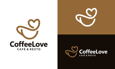 Coffee shop logo design vector illustration. Coffee cup design graphic with a minimalist line love logo. Icon, symbols, creative