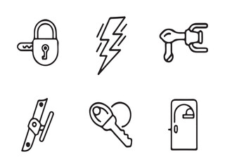 Set of six hand drawn icons representing security and access concepts silhouette