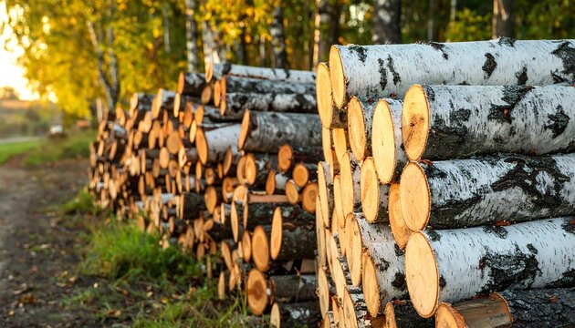 A pile of cut tree logs lies next to a dirt path near a forest of birch trees, bathed in warm sunlight - Powered by Adobe