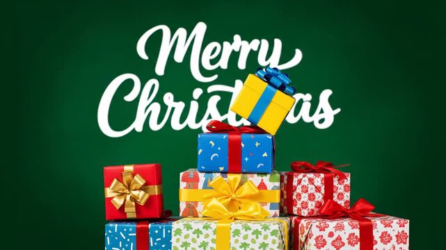 A stack of colorful christmas gift boxes with ribbons and bows, against a dark green background with merry christmas text