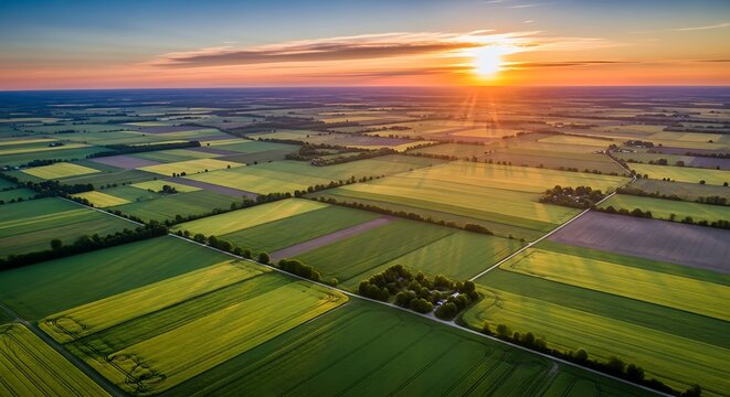 Expansive Aerial View of Agricultural Fields at Sunset, Showcasing Green Crop Patches and Dirt Roads Creating a Patchwork Landscape Under a Golden Sky