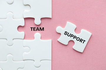  Team support. The puzzle reveals the symbol for Team support. The concept of cooperation in a well chosen team. pink background, copy space