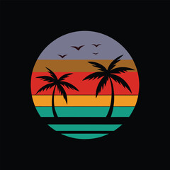 retro tropical sunset with palm trees ocean waves