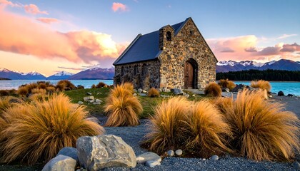 A stone church sits serene lakeside, backed by snow-capped mountains, under a pastel sky with grassy foreground