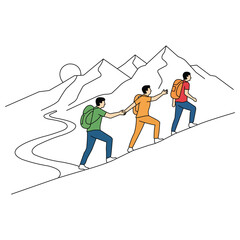 Creative design vector art of three hikers with backpacks ascending a mountain trail under a rising sun