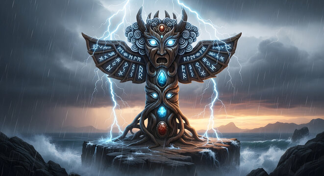 Ancient idol on island cliff faces stormy weather and lightning strikes. - Powered by Adobe