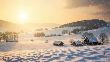 Winter Landscape with Snow-Covered Houses and Golden Sunset.
