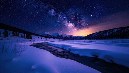 Winter Night Landscape with Milky Way Over Snowy Field.