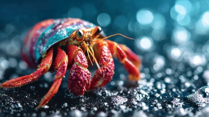 Close-Up of a Vibrant Hermit Crab Crawling Over Textured Surface with Droplets of Water and Sparkling Background, Showcasing its Unique Shell and Colorful Features