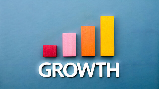 Colorful growth bar chart on blue background symbolizing business success, progress, and financial improvement