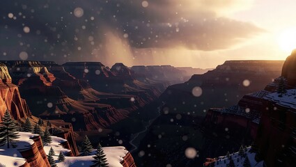 Winter Snowfall Over the Grand Canyon at Sunrise.