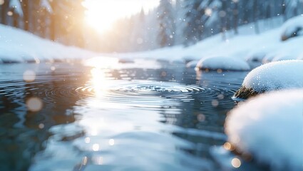 Winter Stream Sunlight Snow Landscape.