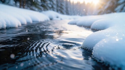 Winter Stream Serenity - Snow-Kissed Waterscape Under Sunlight.