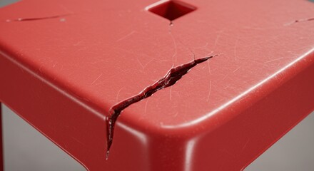 Close up of a cracked red plastic stool with a geometric design
