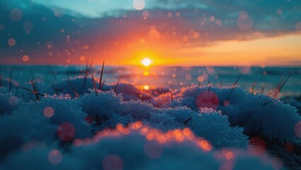 Winter Sunrise Over Icy Landscape.