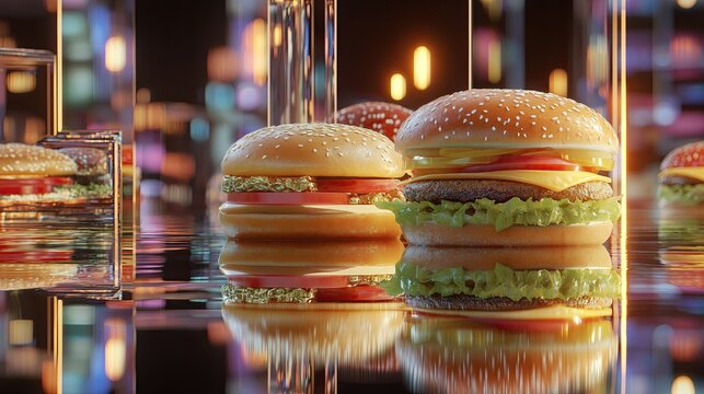 Fast food on reflective mirror, futuristic aesthetic