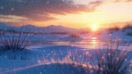 Winter Sunset Over a Snowy Mountain Landscape.
