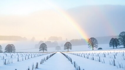 Winter Vineyard Landscape - Serene Snow-Covered Rows and Distant Trees.