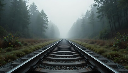 Fototapeta premium Foggy Forest Railway: An Enigmatic Journey