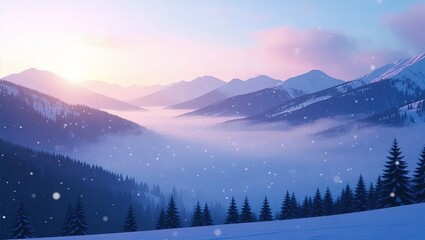 Winter Wonderland - Majestic Snow-Covered Mountains at Sunrise with Falling Snow.