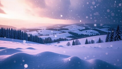 Winter Wonderland Mountainscape at Sunset with Falling Snow.
