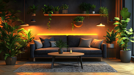 Cozy living room interior with plants and warm lighting