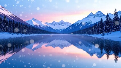 Winter Wonderland Mountain Lake Reflection at Sunset.