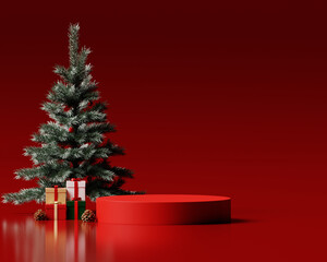 Minimal christmas product display with red podium pine tree and gifts on deep red backgroun. 3D rendering