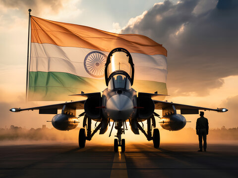 India Flag Behind Fighter Jet &ndash; Military Airforce Power on Runway