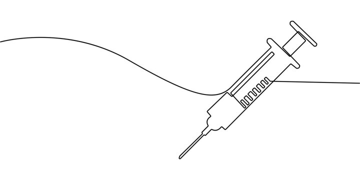 One continuous line drawing of medicine set with syringe and vial, Medical syringe and medicine vial. Pharmaceutical components and vaccine symbol in a simple linear style editable stroke.