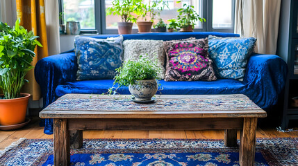 Blue sofa with colorful pillows and plants in a bright living room