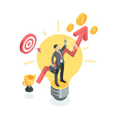 Isometric vector concept of a business man with a briefcase raising his hand standing inside a light bulb and a large arrow, in color on a white background, achieving a goal and financial success idea