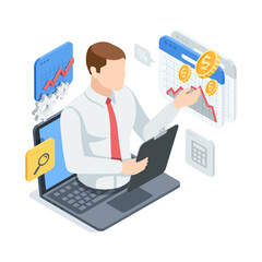 Isometric vector concept of a businessman showing a chart from a laptop screen, in color on a white background, income growth presentation or financial analyst