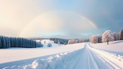 Winter wonderland road with rainbow and snow covered trees.
