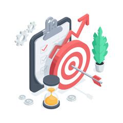 Isometric vector concept of target with arrow next to hourglass and clipboard with list, in color on white background, achieving goal and planning for success