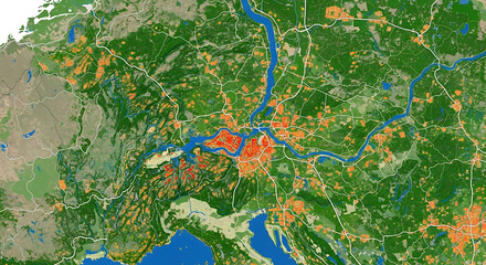 Fototapeta premium Satellite map visualizing the dynamic interplay of human development, expansive green landscapes, and winding river systems, showcasing regional land use and environmental impact